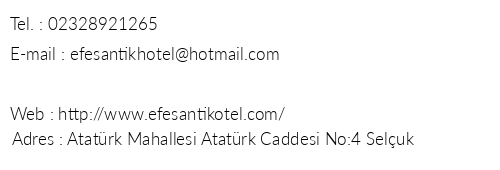 Efes Antik Hotel telefon numaralar, faks, e-mail, posta adresi ve iletiim bilgileri